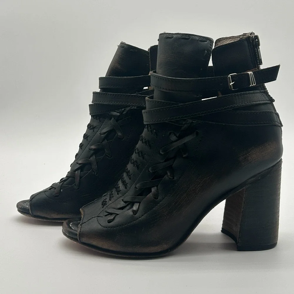 Freebird Steven Eagle Black Leather Open Toe Braid Ankle Boots Womens Size 8